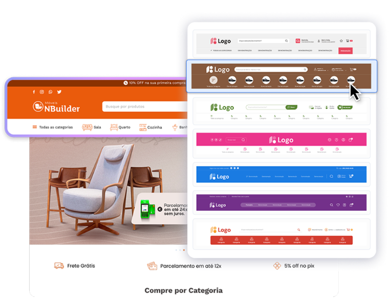 Editor do NBuilder exibindo vários modelos prontos de cabeçalho para aplicar na loja
